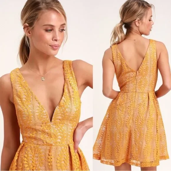 NWT Lulus All of My Heart Yellow Lace Skater Dress Size S - Picture 7 of 13